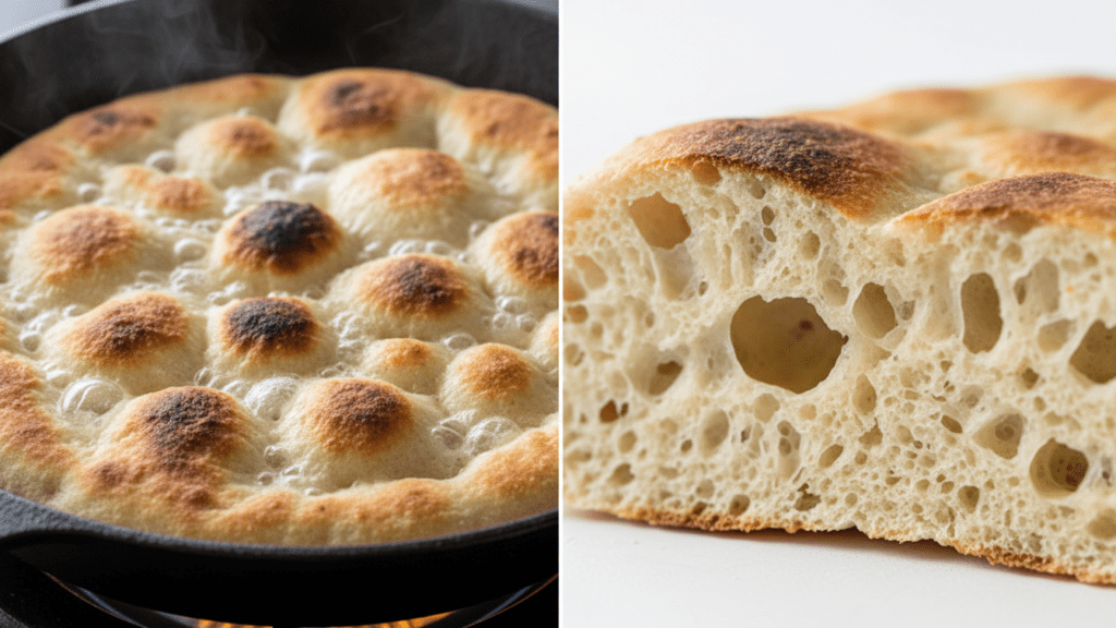 Two views of gluten-free flatbread: one in a hot skillet and one macro close-up.