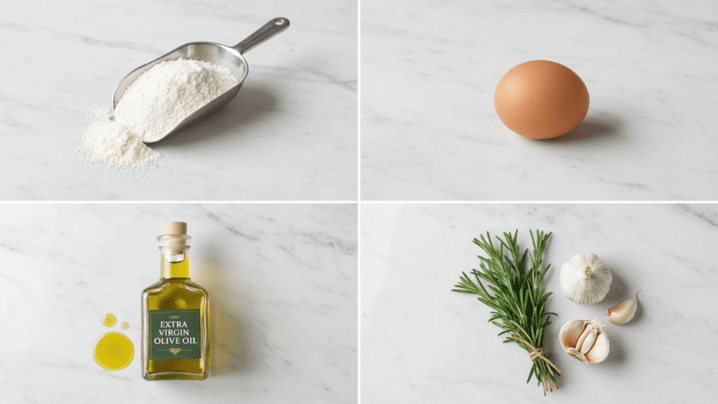 A collage showing almond flour, a brown egg, olive oil, and fresh rosemary.