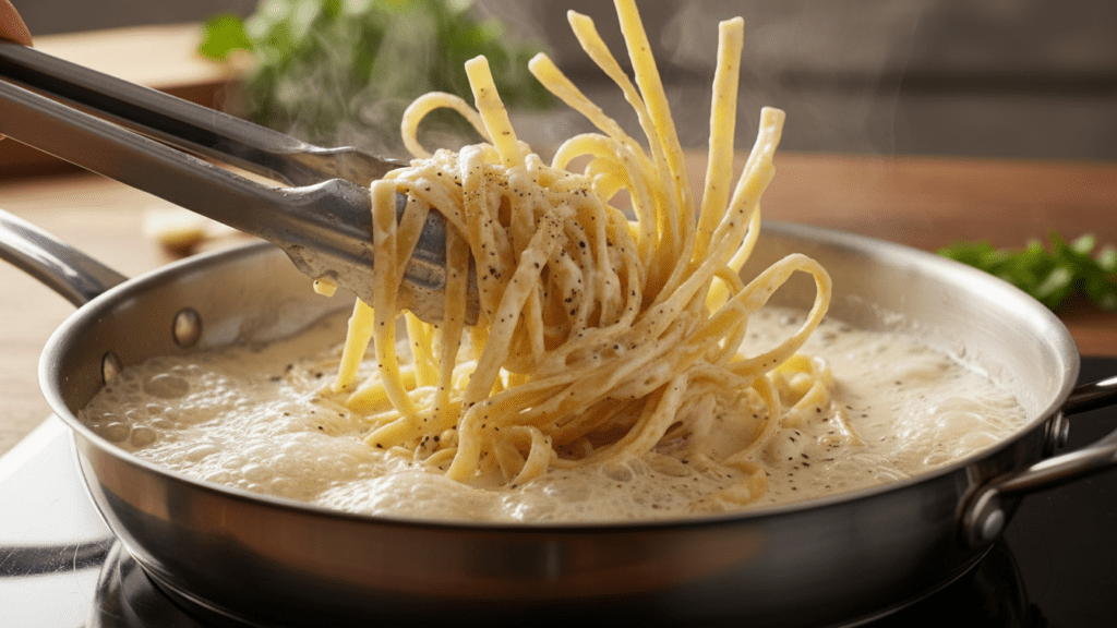 Two separate views of fettuccine being tossed in a skillet with creamy sauce and a macro look at the cheesy texture.
