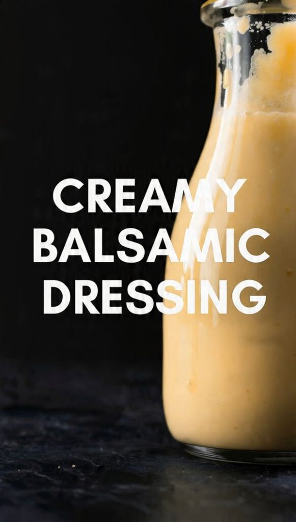 Vertical photo of creamy balsamic dressing in a glass jar, next to a salad, with a text overlay of the main keyword.