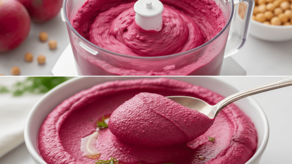 A split image showing hummus in a food processor and a macro close-up of a spoon scooping creamy hummus
