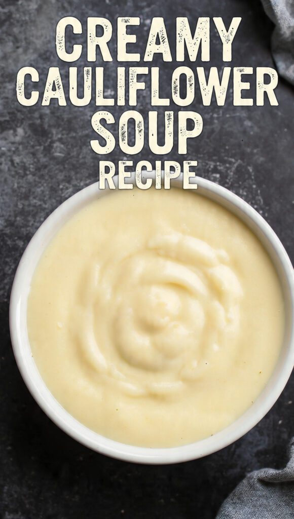 Vertical photo of a rich, creamy bowl of cauliflower soup garnished with herbs and a text overlay of the main keyword.
