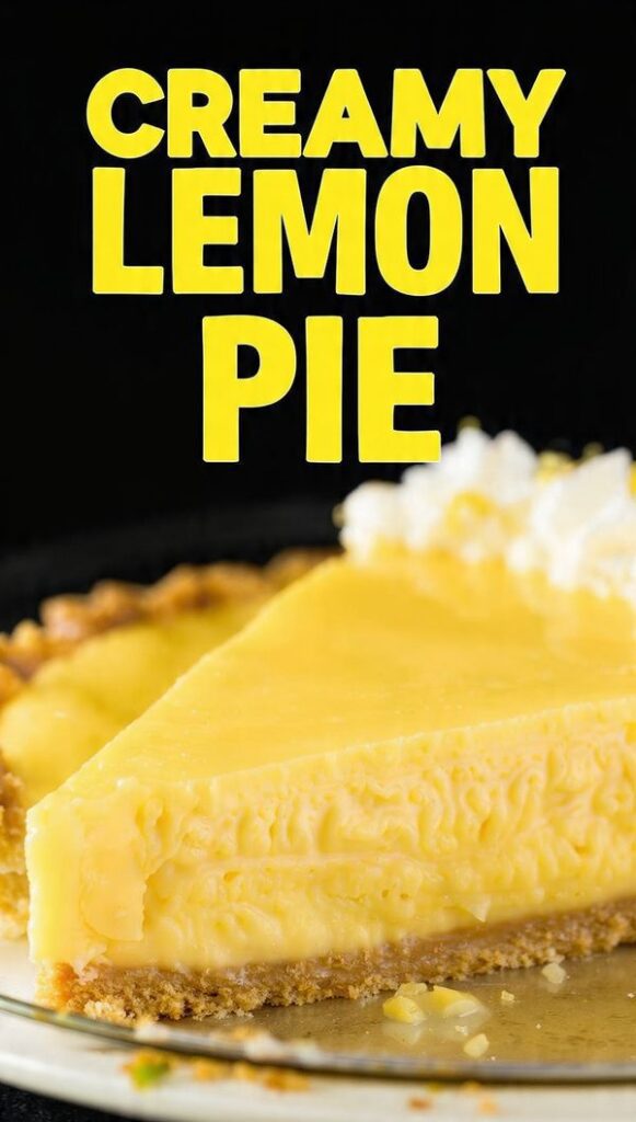 Vertical photo of a sliced creamy lemon pie with whipped cream topping and a text overlay of the main keyword