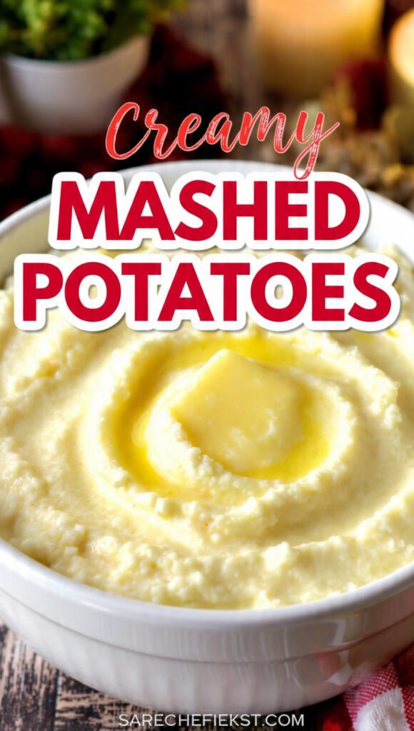 A close-up of a bowl of smooth, creamy mashed potatoes with a melting pat of butter and "CREAMY MASHED POTATOES" as a prominent text overlay.