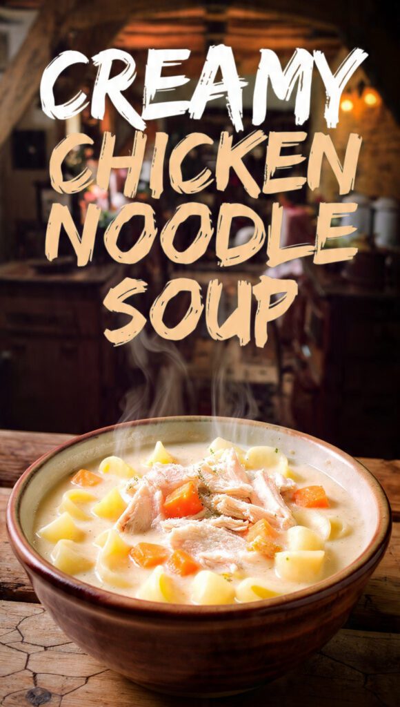A close-up of a rustic bowl of thick, creamy chicken noodle soup with shredded chicken, carrots, and egg noodles, with "CREAMY CHICKEN NOODLE SOUP" as a prominent text overlay.