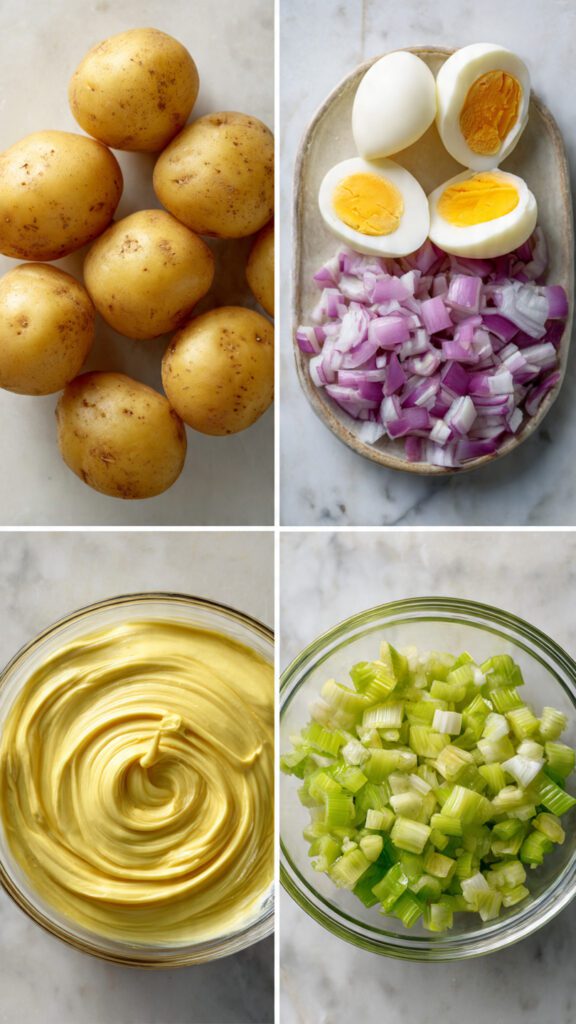 A collage showing Yukon gold potatoes, eggs, mayonnaise, mustard, and fresh celery.