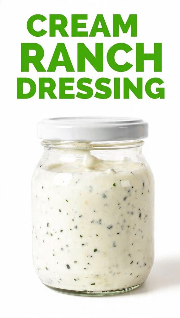 Vertical photo of a bowl of thick creamy ranch dressing with fresh herbs, served with vegetables, and a text overlay of the main keyword.