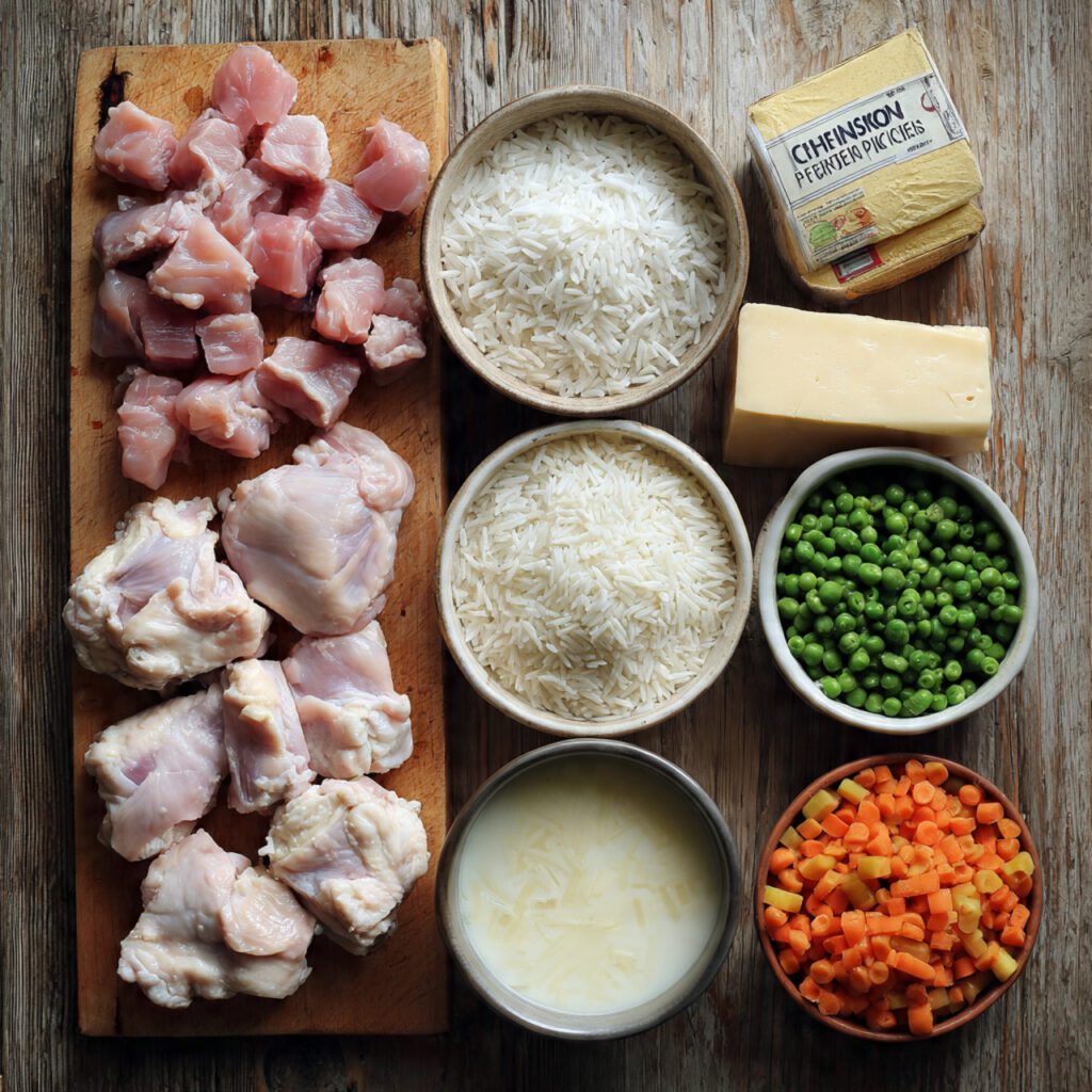 A flat lay collage of raw ingredients: cubed chicken thighs, long-grain white rice, cream cheese, Parmesan cheese block, chicken broth carton, and frozen peas used for the creamy chicken and rice recipe.