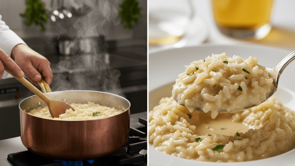 Two views: a wide shot of risotto being stirred in a pot and a close-up of a spoon scooping creamy risotto.