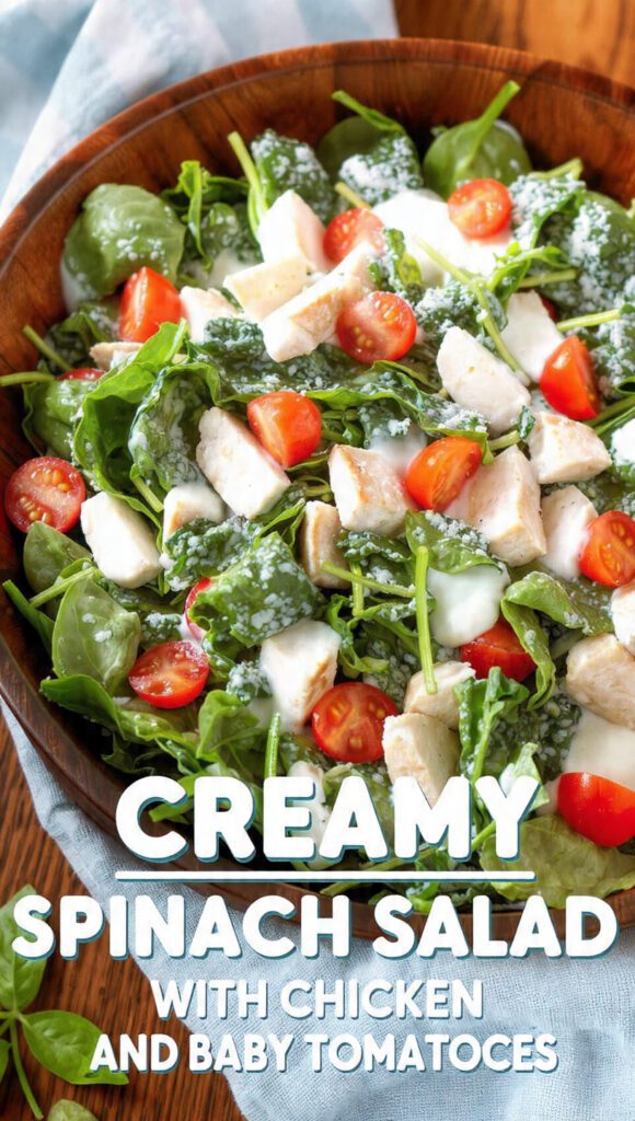 A close-up of a vibrant bowl of creamy spinach salad with chicken slices, baby tomatoes, and a thick white dressing, with "CREAMY SPINACH SALAD WITH CHICKEN AND BABY TOMATOES" as a prominent text overlay.