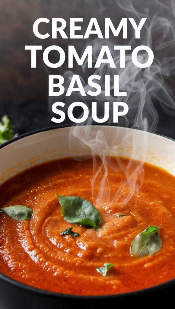 Vertical photo of a rich red bowl of creamy tomato basil soup with a dollop of cream, garnished with basil, and a text overlay of the main keyword.
