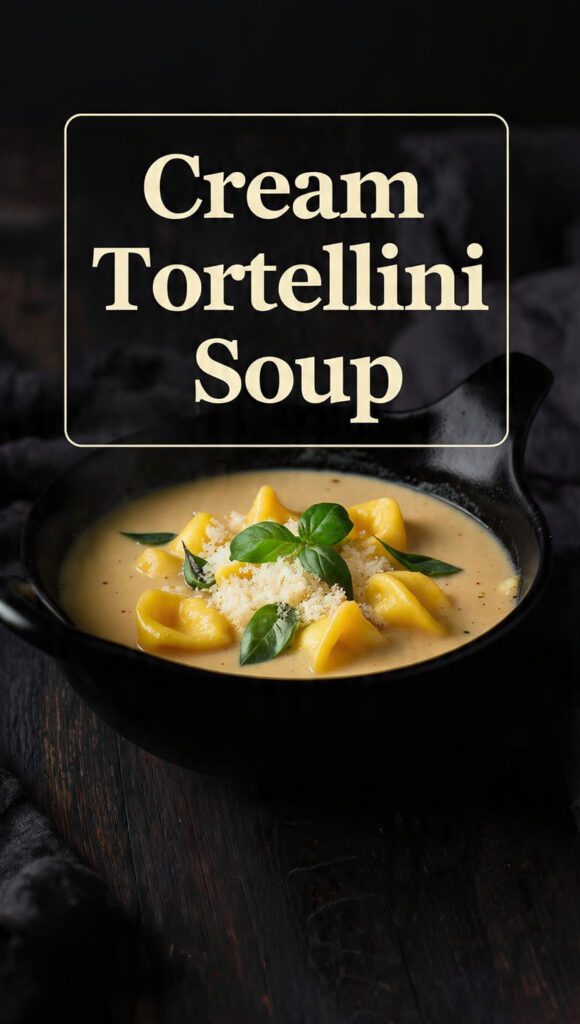 Vertical shot of a rustic bowl of creamy tortellini soup with a text overlay saying Creamy Tortellini Soup