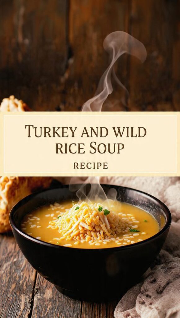 Collage of key ingredients for turkey and wild rice soup including shredded turkey, wild rice, cream, and vegetables.