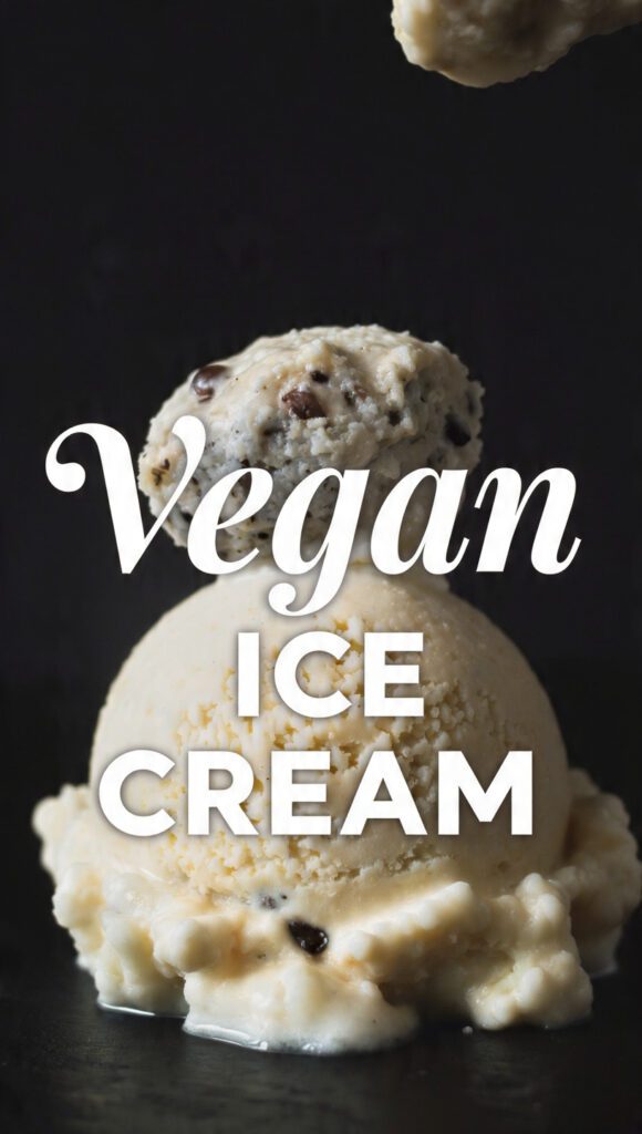 Three scoops of creamy vanilla vegan ice cream in a white bowl with chocolate drizzle.