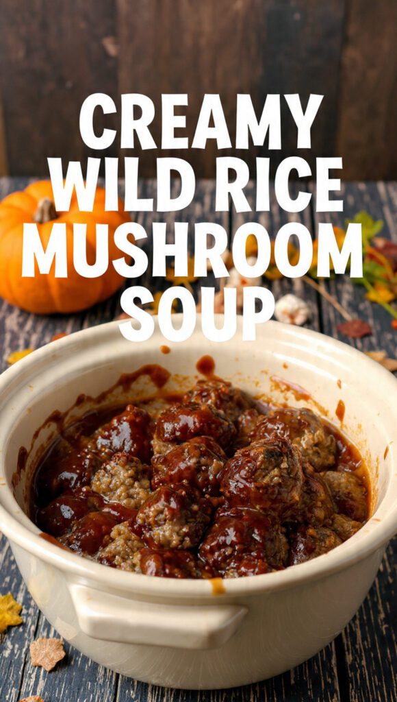 Vertical photo of a rich bowl of creamy wild rice and mushroom soup with a text overlay of the recipe name.