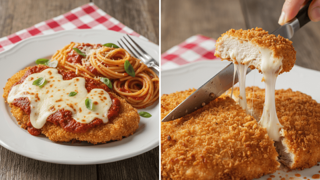Two views: a whole chicken parmesan on a plate with pasta and a close-up of the crispy breading being cut with a knife.