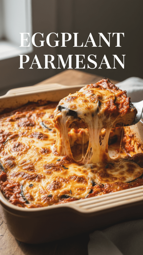 A top-down shot of bubbly golden-brown eggplant parmesan in a ceramic dish with a text overlay.