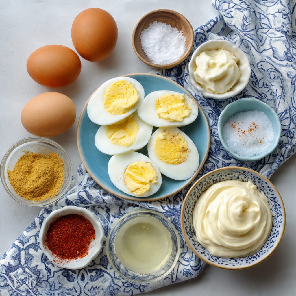A flat lay collage showing ingredients: hard-boiled eggs, mayonnaise, mustard, vinegar, and paprika