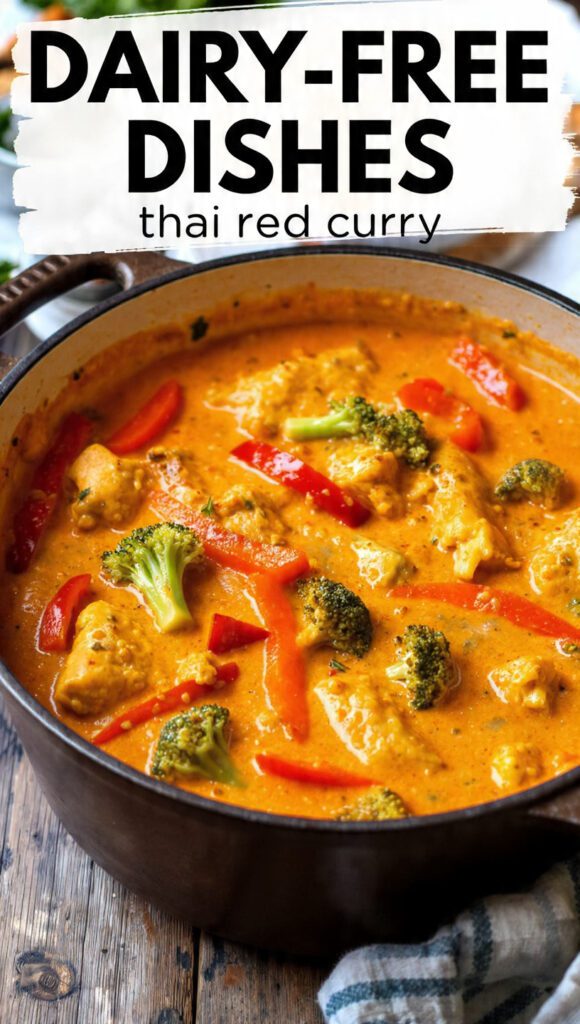 A close-up of a pot of creamy red Thai curry with chicken, peppers, and broccoli, with "DAIRY-FREE DISHES" as a prominent text overlay