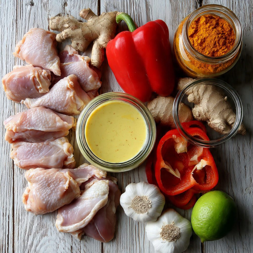 A flat lay collage of raw ingredients: chicken thighs, red curry paste jar, full-fat coconut milk can, red bell pepper, ginger, and lime used for the dairy-free dishes recipe.