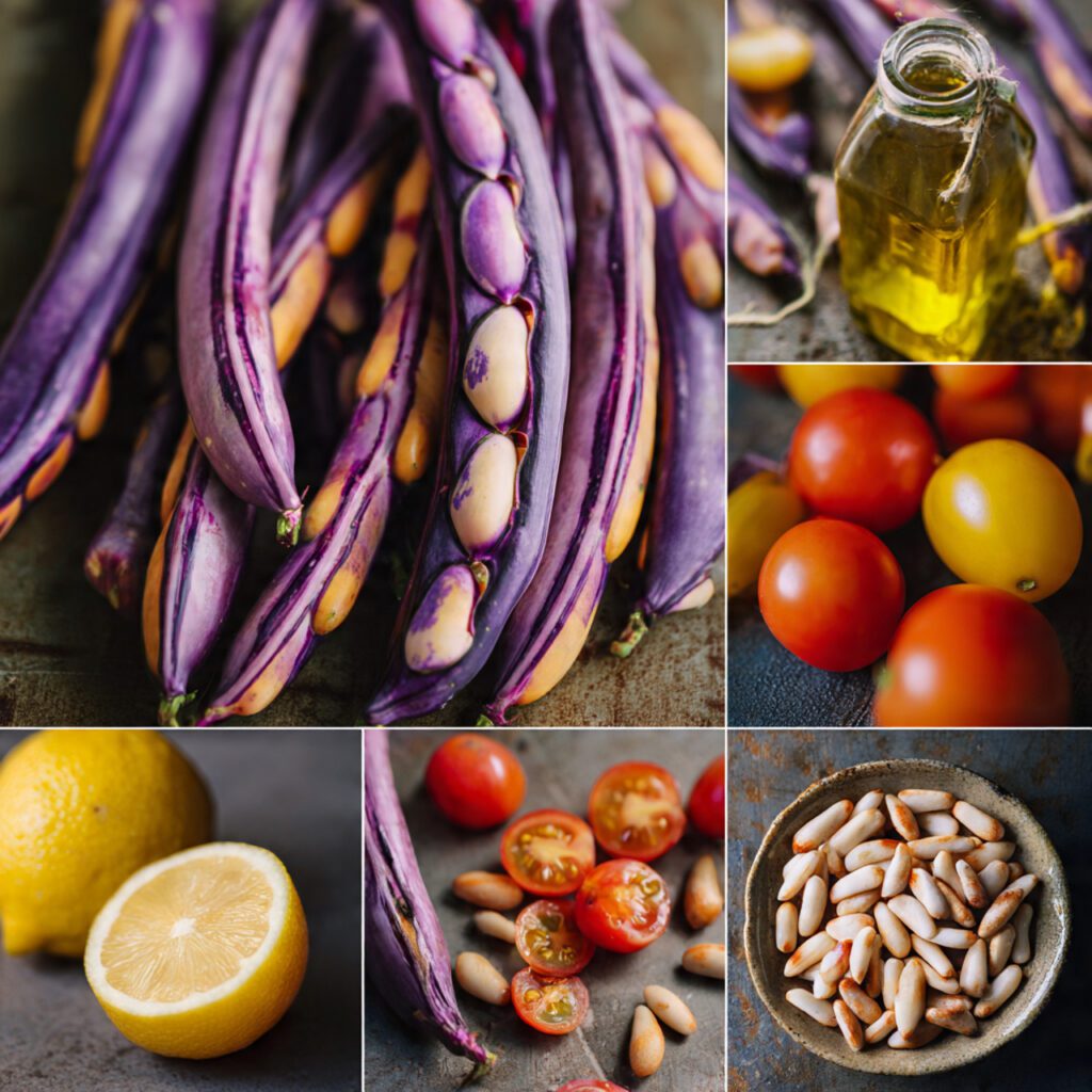 A collage showing the essential ingredients: raw Dragon Tongue beans with purple stripes, cherry tomatoes, a lemon, a bottle of olive oil, and a small bowl of toasted pine nuts.
