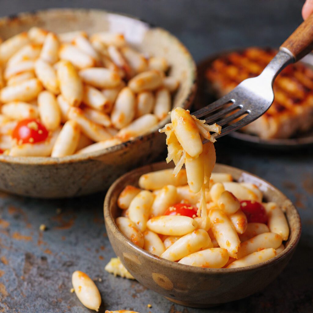Two servings of the salad. One is a wide shot of the salad in a bowl next to a grilled piece of chicken. The other is an extreme close-up of a fork lifting a piece of the perfectly tender-crisp bean, showing the zesty coating and the small, bright red tomato halves.