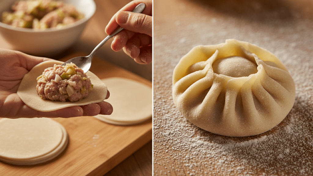 Close-up of a hand folding a vegetable dumpling with visible pleats