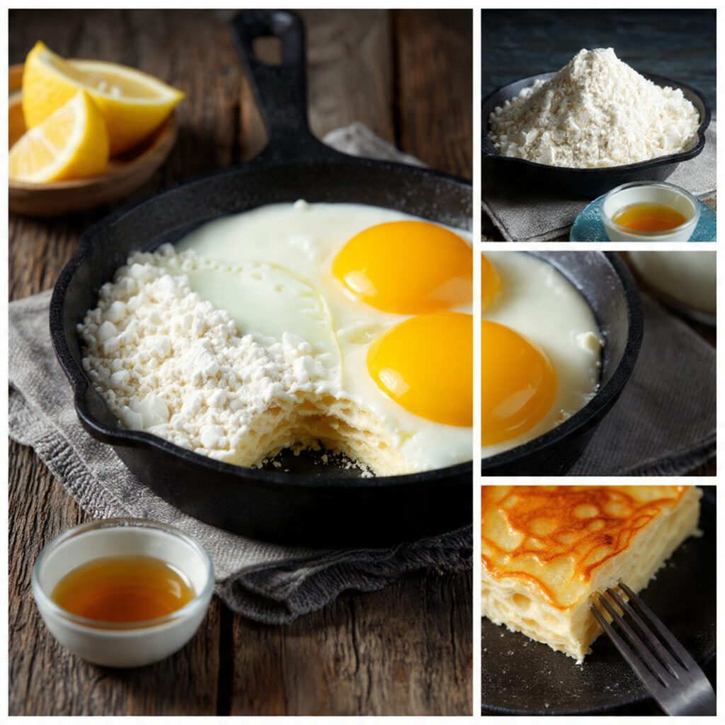 Two servings of the pancake. One is a wide shot of the whole Dutch baby in the skillet, served with lemon wedges and syrup. The other is an extreme close-up of a fork cutting into the edge, showing the contrast between the crispy, golden crust and the soft, tender, eggy interior.