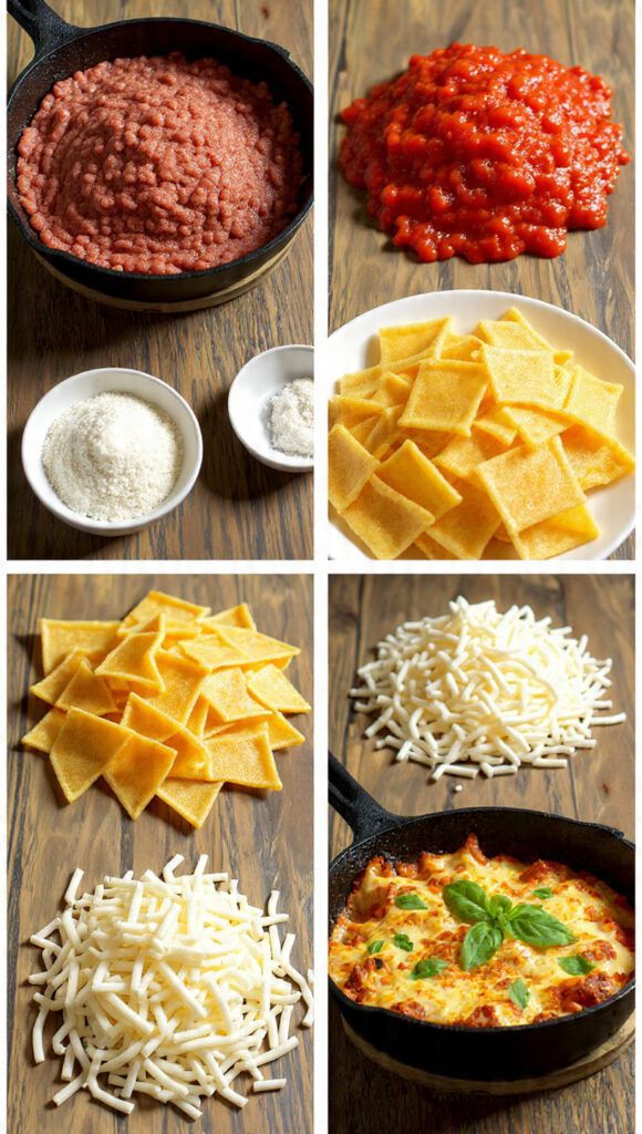 A collage showing the essential ingredients: ground beef/sausage, crushed tomatoes, broken lasagna noodles, ricotta cheese, and shredded mozzarella cheese.