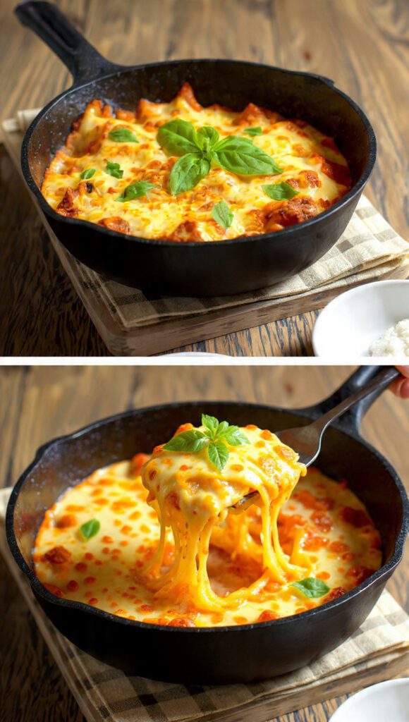 Two servings of the skillet lasagna. One is a wide shot of the skillet on a trivet, ready to serve. The other is an extreme close-up of a large spoonful being scooped out, showing the melted cheese pull and the deeply sauced, tender pasta.