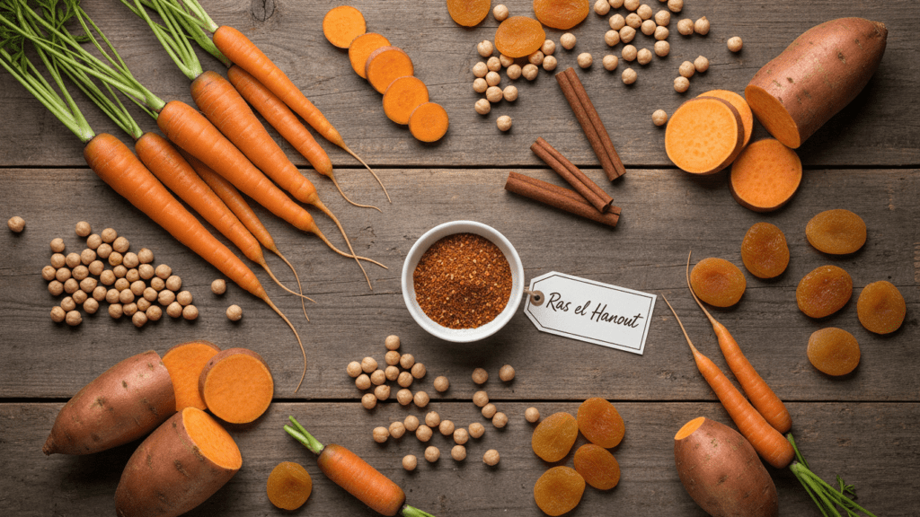 Raw ingredients for making a healthy Moroccan vegetable tagine