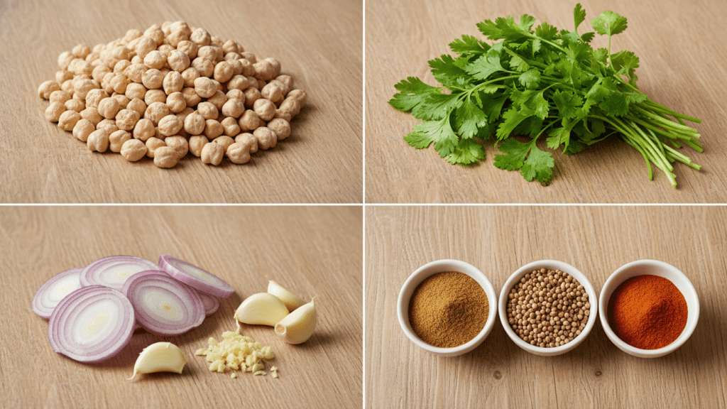 A collage showing dried chickpeas, fresh herbs, onion, garlic, and spices.
