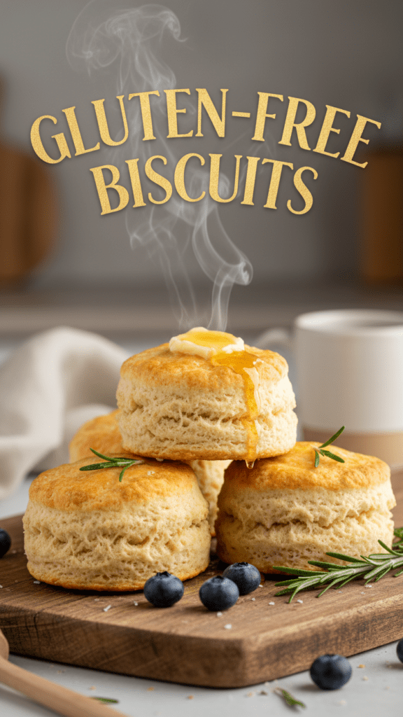 A stack of golden brown gluten-free biscuits with honey dripping down the side