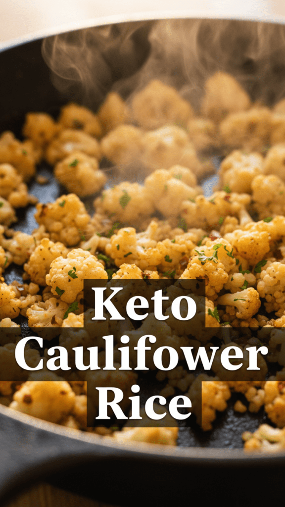 A close-up of fluffy keto cauliflower rice sautéing in a cast iron skillet with fresh herbs.
