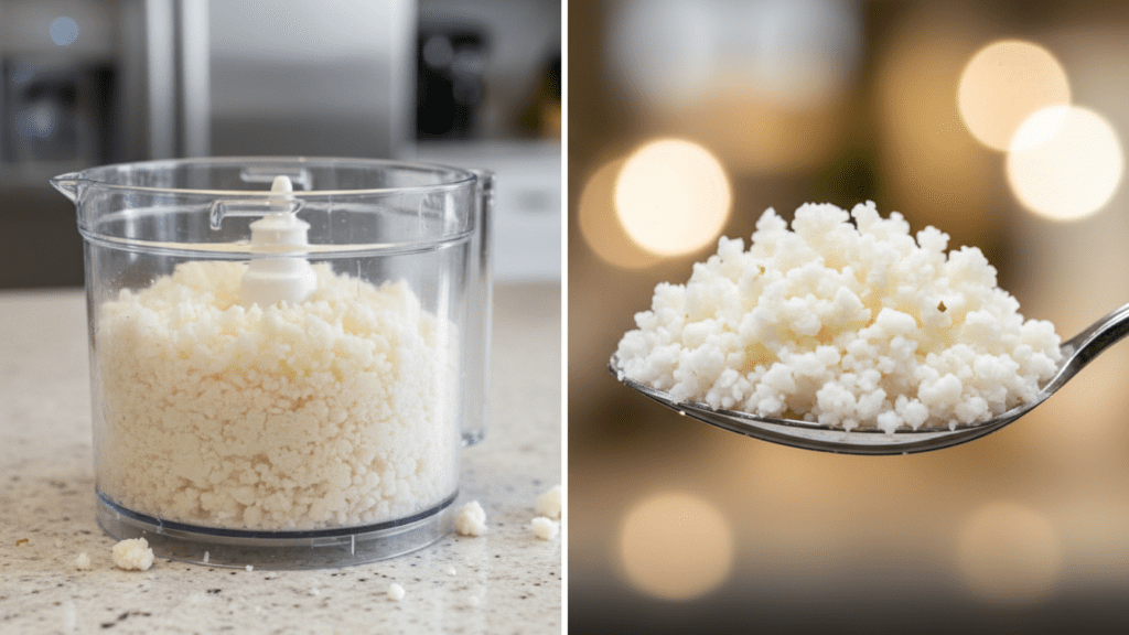 A close-up of the grain-like texture of cauliflower rice inside a food processor bowl.