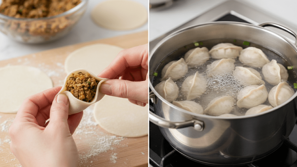 Two separate views of hands forming gluten-free dumplings and dumplings bubbling in a pot.