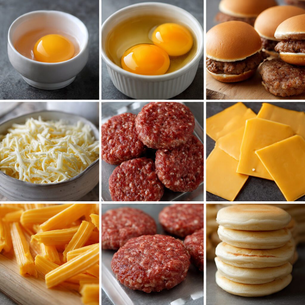 A collage showing the raw ingredients: 12 cracked eggs in a bowl, raw sausage patties, slices of cheddar cheese, and a pile of English muffins ready for assembly.