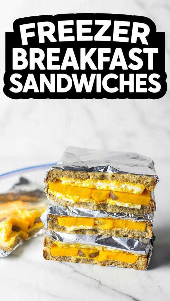 A close-up shot of several assembled, foil-wrapped Freezer Breakfast Sandwiches stacked neatly in a plastic freezer bag, with one unwrapped sandwich showing the layers of egg, cheese, and sausage patty. The text overlay reads: "FREEZER BREAKFAST SANDWICHES".