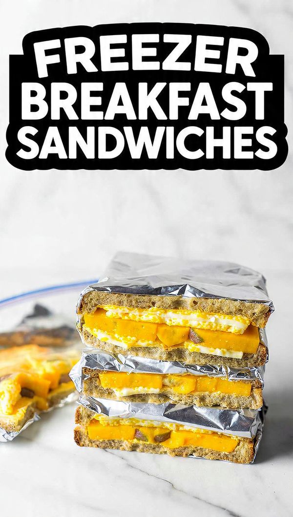 A close-up shot of several assembled, foil-wrapped Freezer Breakfast Sandwiches stacked neatly in a plastic freezer bag, with one unwrapped sandwich showing the layers of egg, cheese, and sausage patty. The text overlay reads: "FREEZER BREAKFAST SANDWICHES".