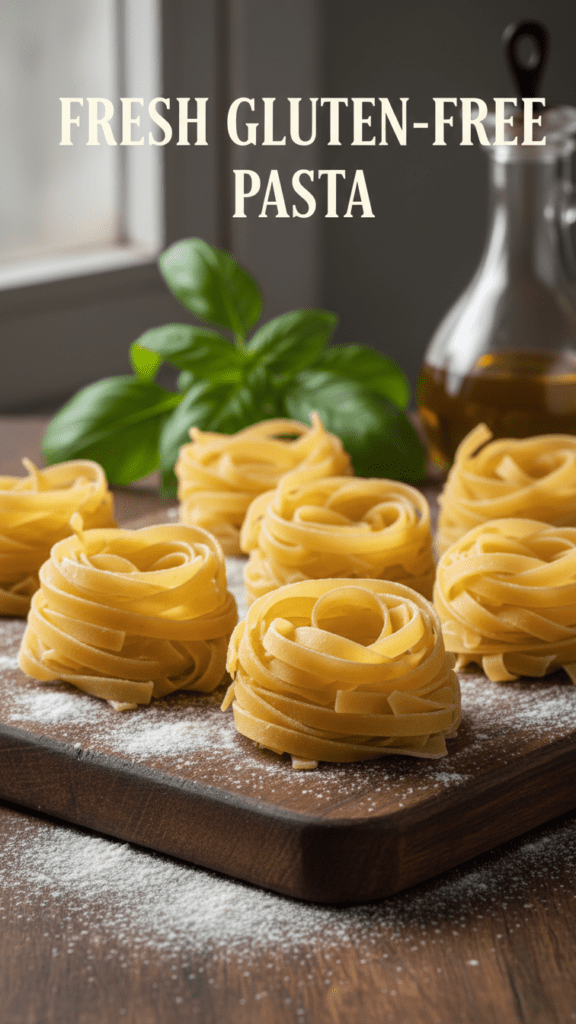Freshly cut gluten-free fettuccine nests on a wooden board with a text overlay.