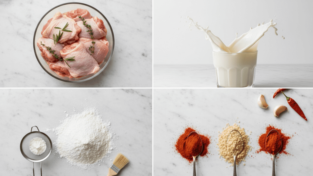 A collage showing chicken pieces, buttermilk, rice flour, and smoked paprika