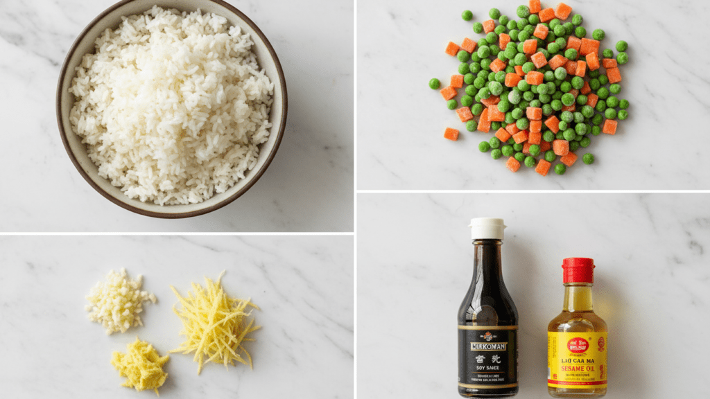 A collage showing cold rice, frozen peas and carrots, fresh garlic and ginger, and soy sauce.