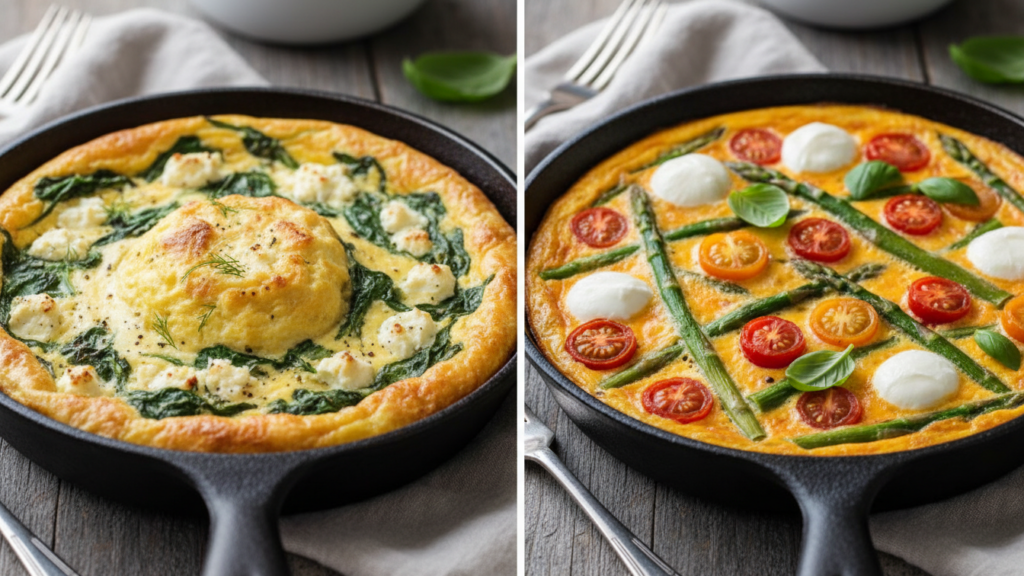Two different versions of vegetable frittatas including asparagus and tomato.