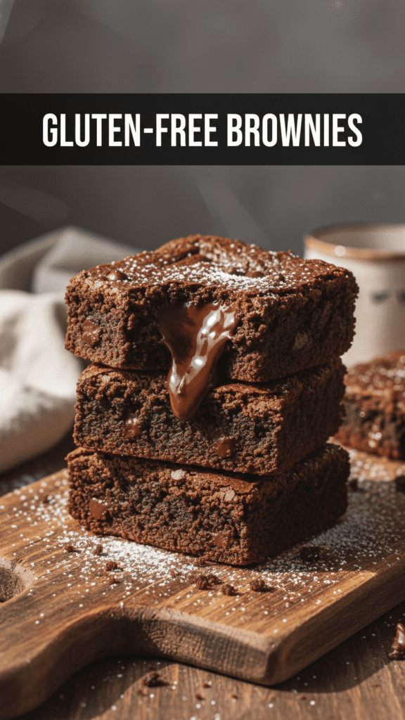 A close-up shot of a stack of fudgy gluten-free brownies with a crackly top and a text overlay.