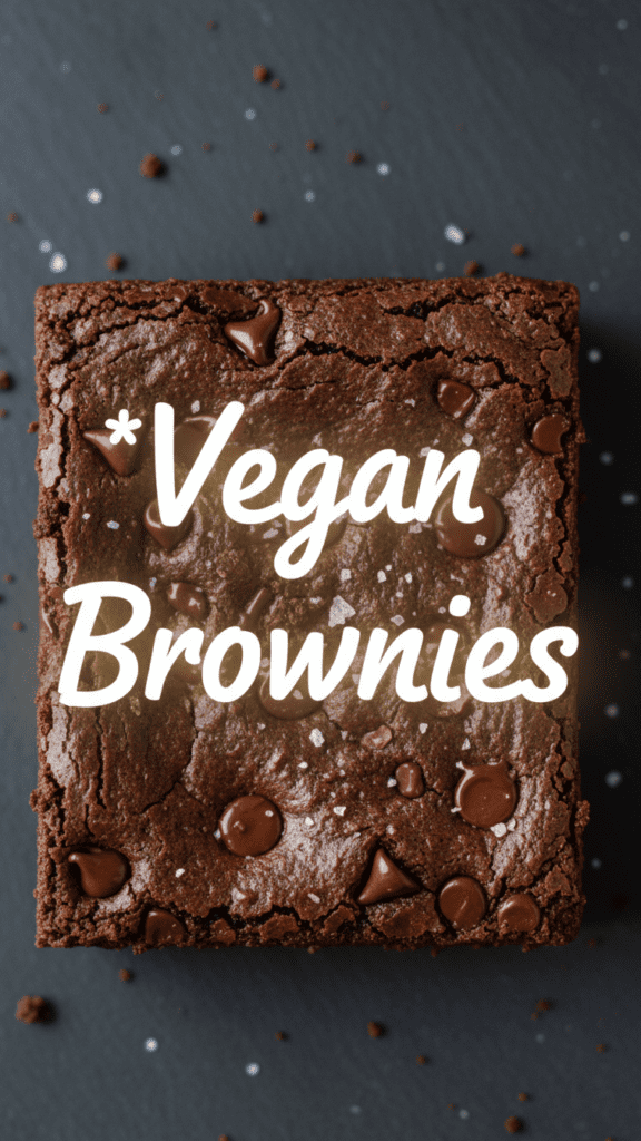 A stack of fudgy vegan brownies with a crackly top and chocolate chips.