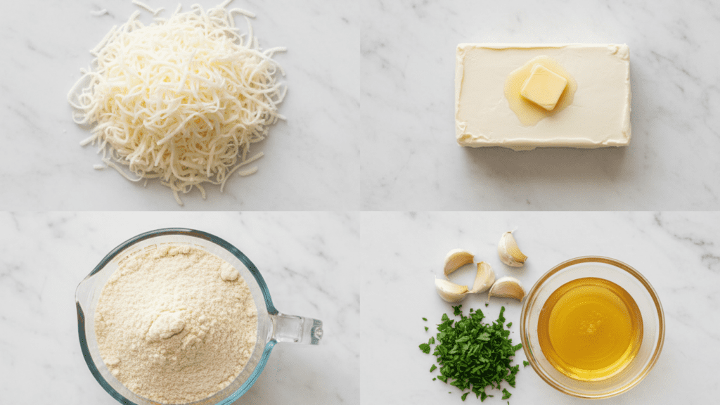 A collage showing shredded mozzarella, cream cheese, almond flour, garlic, and butter.