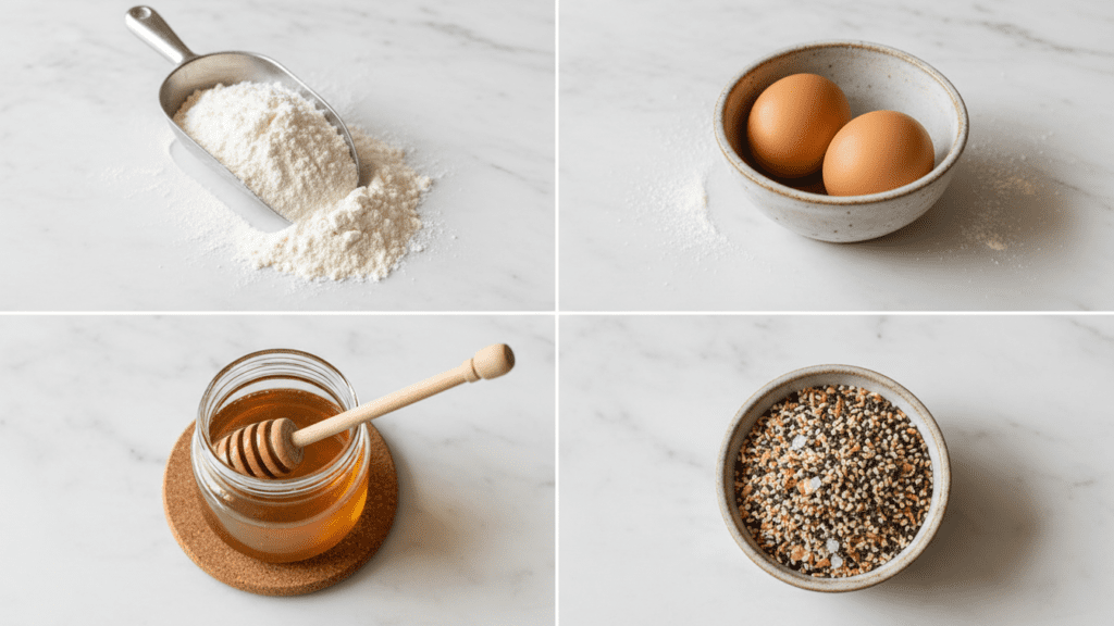 A collage showing gluten-free flour, brown eggs, honey, and everything seasoning.