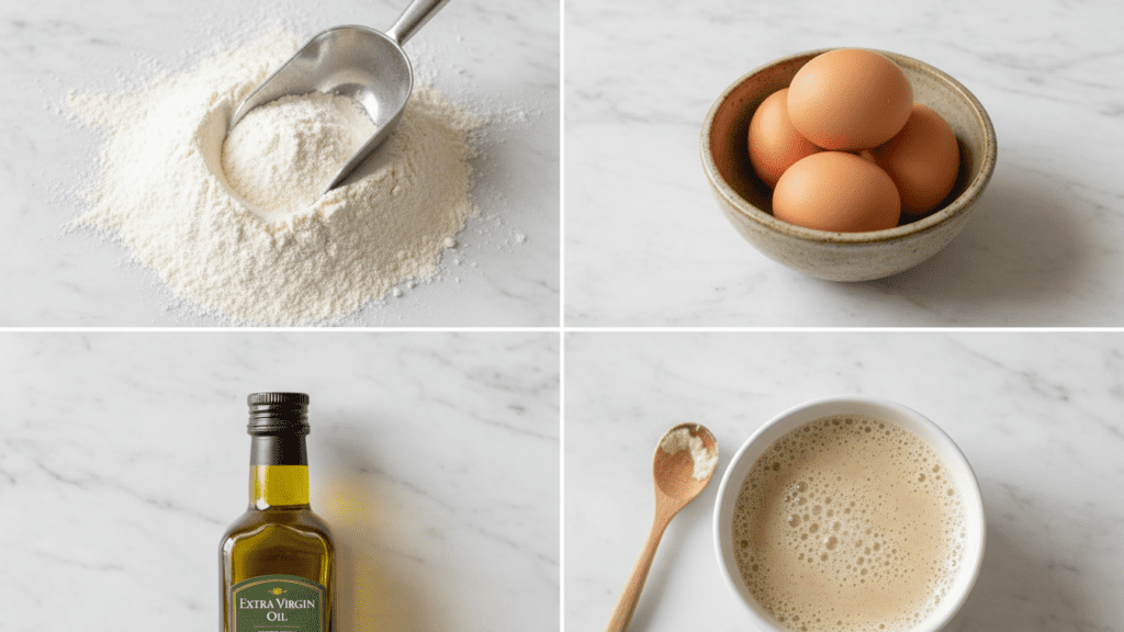 A collage showing gluten-free flour, brown eggs, olive oil, and active dry yeast.