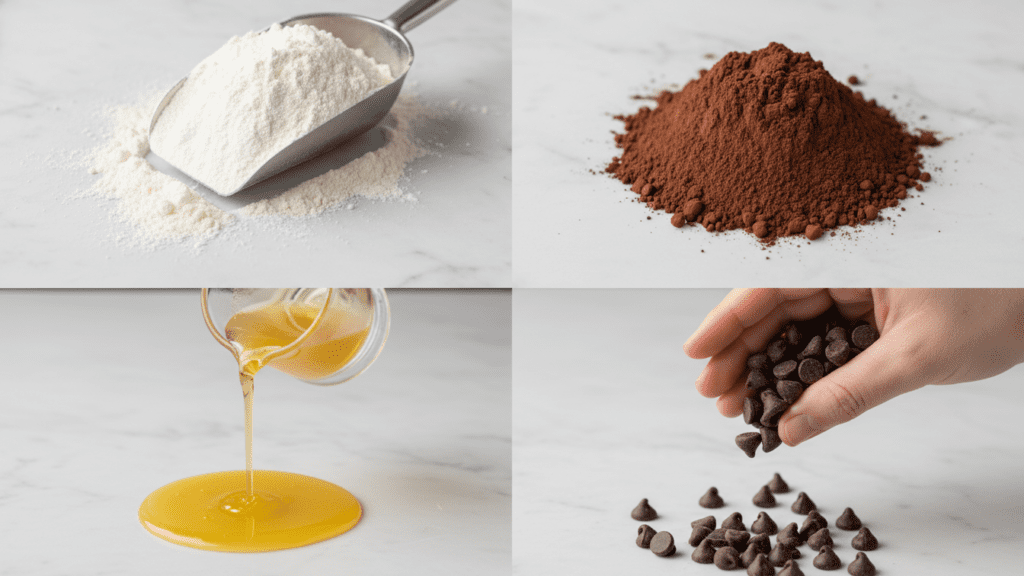 A collage showing gluten-free flour, cocoa powder, melted butter, and chocolate chips.
