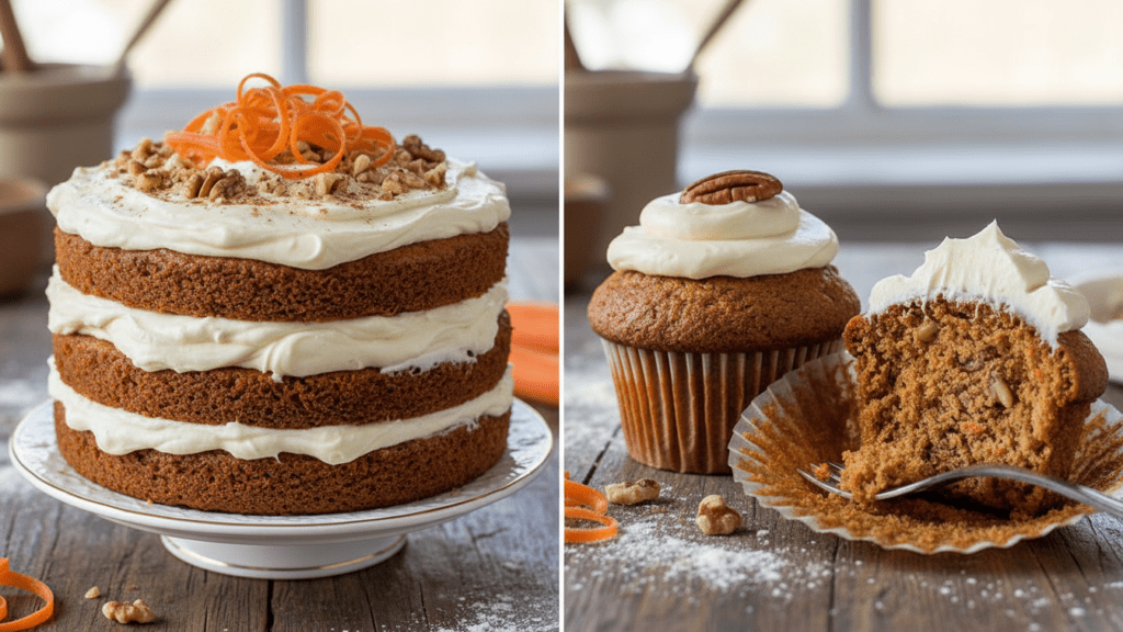 Different ways to bake gluten-free carrot cake including muffins.